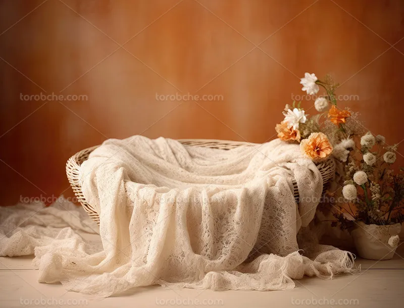 بک دراپ عکاسی کودک با سبد حصیری و گلدان | گرافیک با طعم تربچه