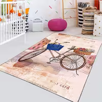 فرشینه دخترانه نقاشی دخترانه دوچرخه و سبد گل زمینه روشن BAs-1533
