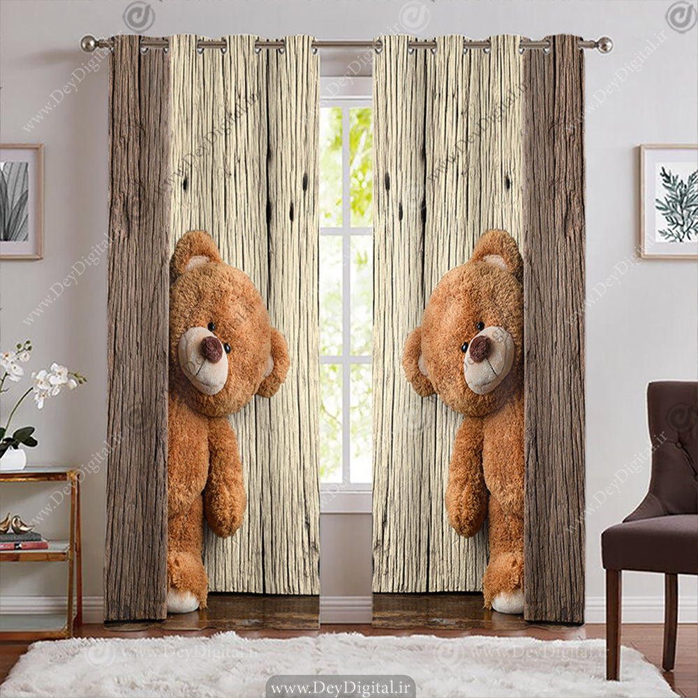 پرده چاپی اتاق کودک طرح عروسک خرسی با زمینه چوبی WA-2438