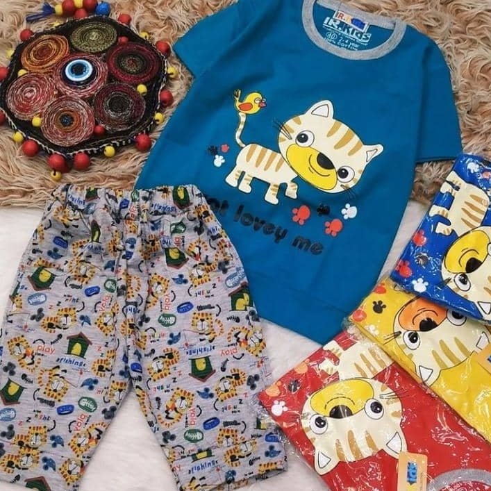 بلوز شلوارک پسرانه شلوارک پسرانه نخی .گربه ای..شلوارک نخی راحت 