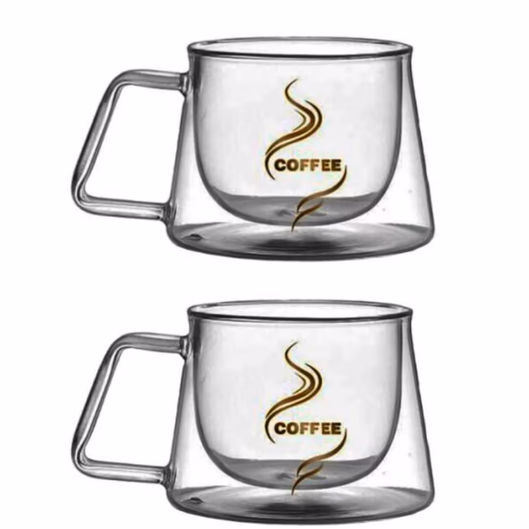 لیوان مدل دوجداره دسته دار کد 250 طرح کافی بسته 2 عددی