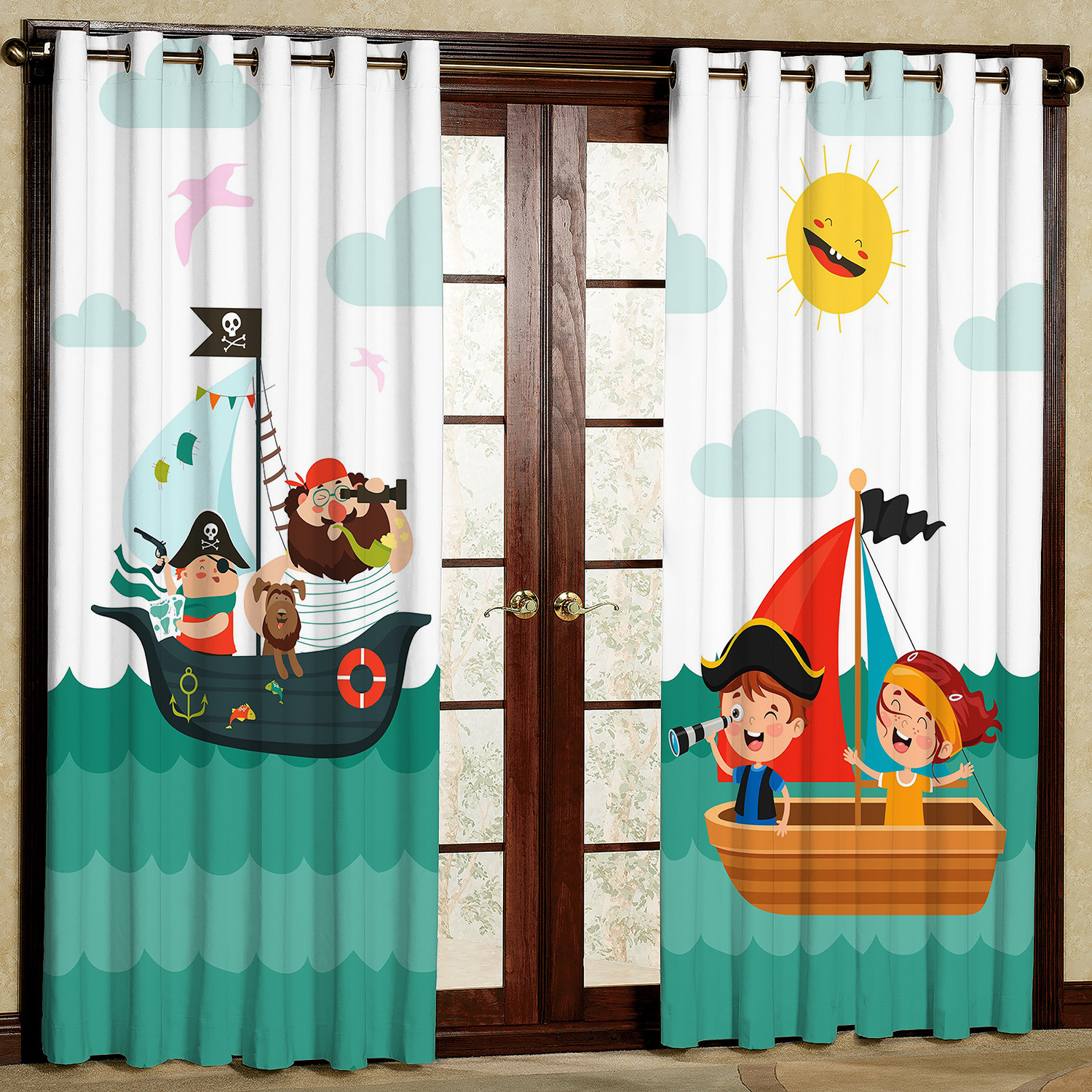 پرده مدل قایق و دزد دریایی مخمل پانچی کد 1186a سایز 200x140 سانتی متر