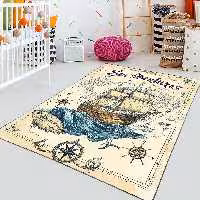 فرشینه چاپی اتاق کودک پسر طرح کشتی و سفر دریایی با زمینه کرمی HQ-3233