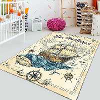 فرشینه چاپی اتاق کودک پسر طرح کشتی و سفر دریایی با زمینه کرمی HQ-3233