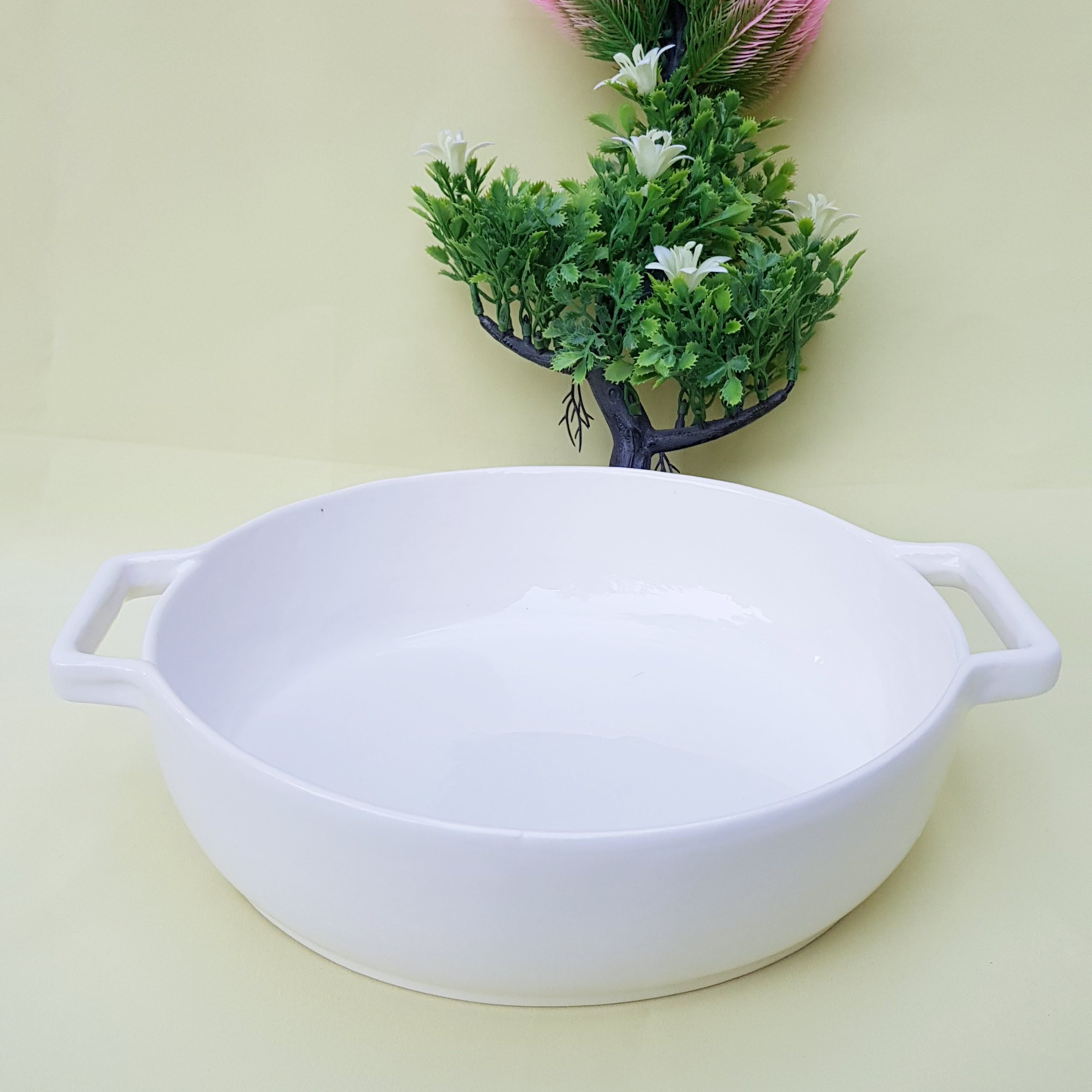 ظرف سرامیکی مدل تابه گرد دسته دار سرامیکی قابل استفاده در فر و تستر دارای کارتن تک