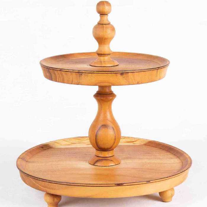 شیرینی خوری 2 طبقه قطر صفحه ها 29 و 22 ارتفاع 30 چوب توت رنگ روشن 