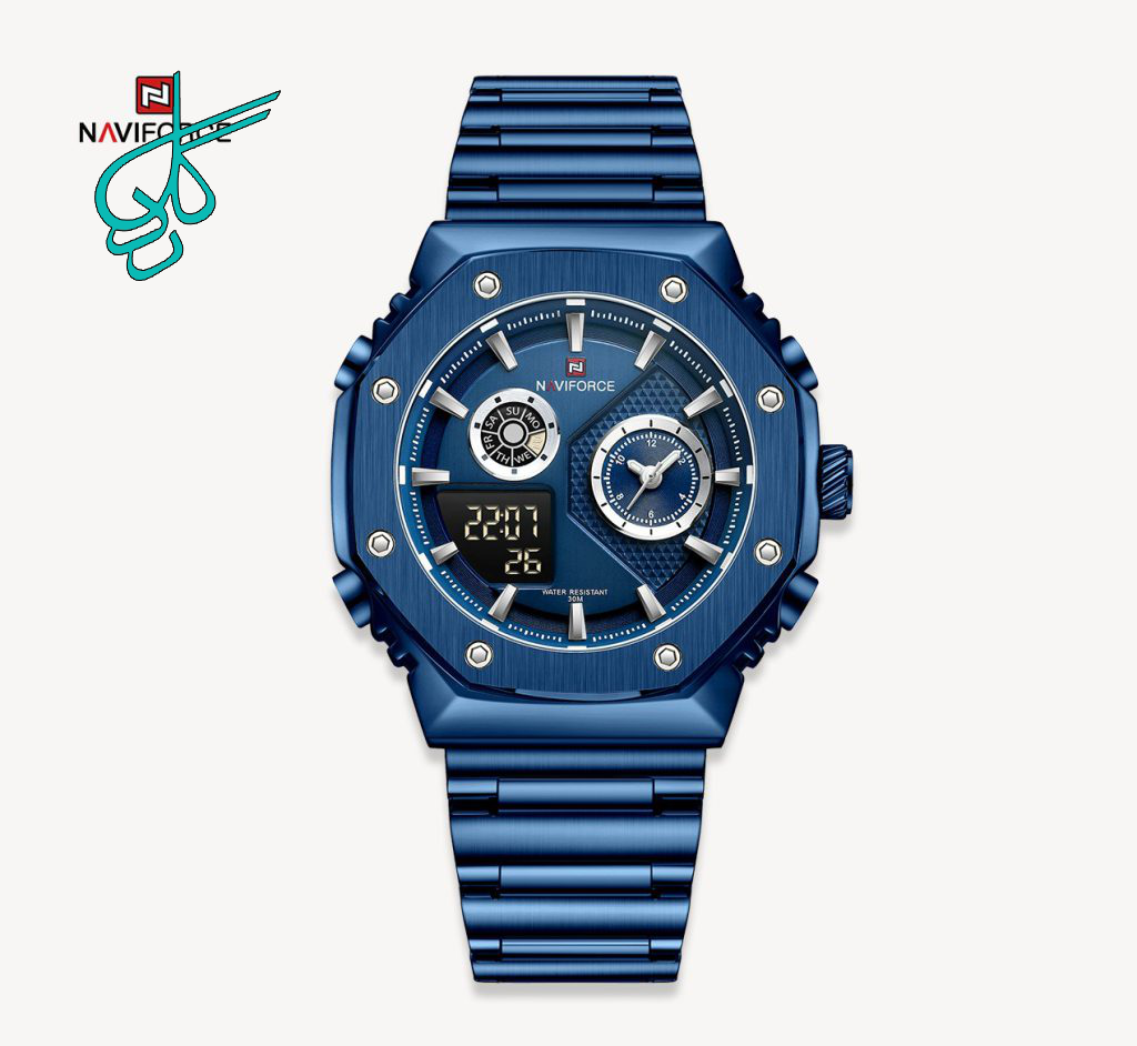 خرید ساعت مردانه نیوی فورس (Naviforce) مدل 9216 موتور ژاپن اصل ضد آب بند استیل رنگ ثابت دو زمانه چراغ دار به همراه جعبه و کیف دستی کد 1918300 - ردگل