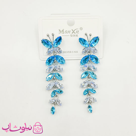 گوشواره بلند دخترانه طرح پروانه با کریستالهای آبی سفید کد 1588