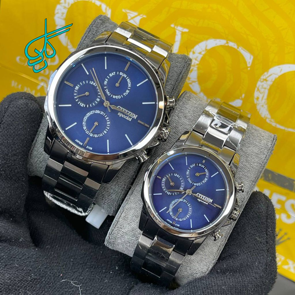 خرید ست ساعت زنانه و مردانه سیتیزن اسپشیال سه موتوره فعال کیفیت عالی ساخت ژاپن استیل رنگ ثابت کد 2116049 - ردگل