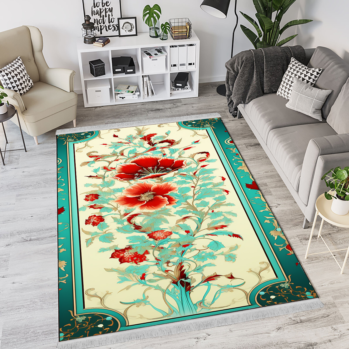 فرش طرح درختی گلدار با حاشیه ساده و زمینه روشن PQs-1134