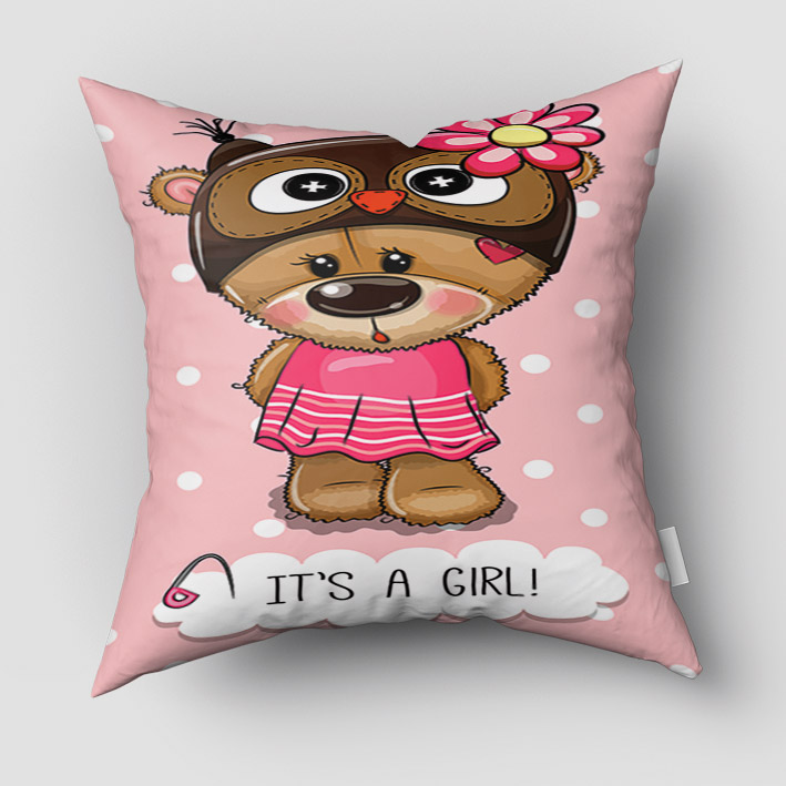 کوسن چاپی طرح خرسی با لبلس صورتی pk-2724a