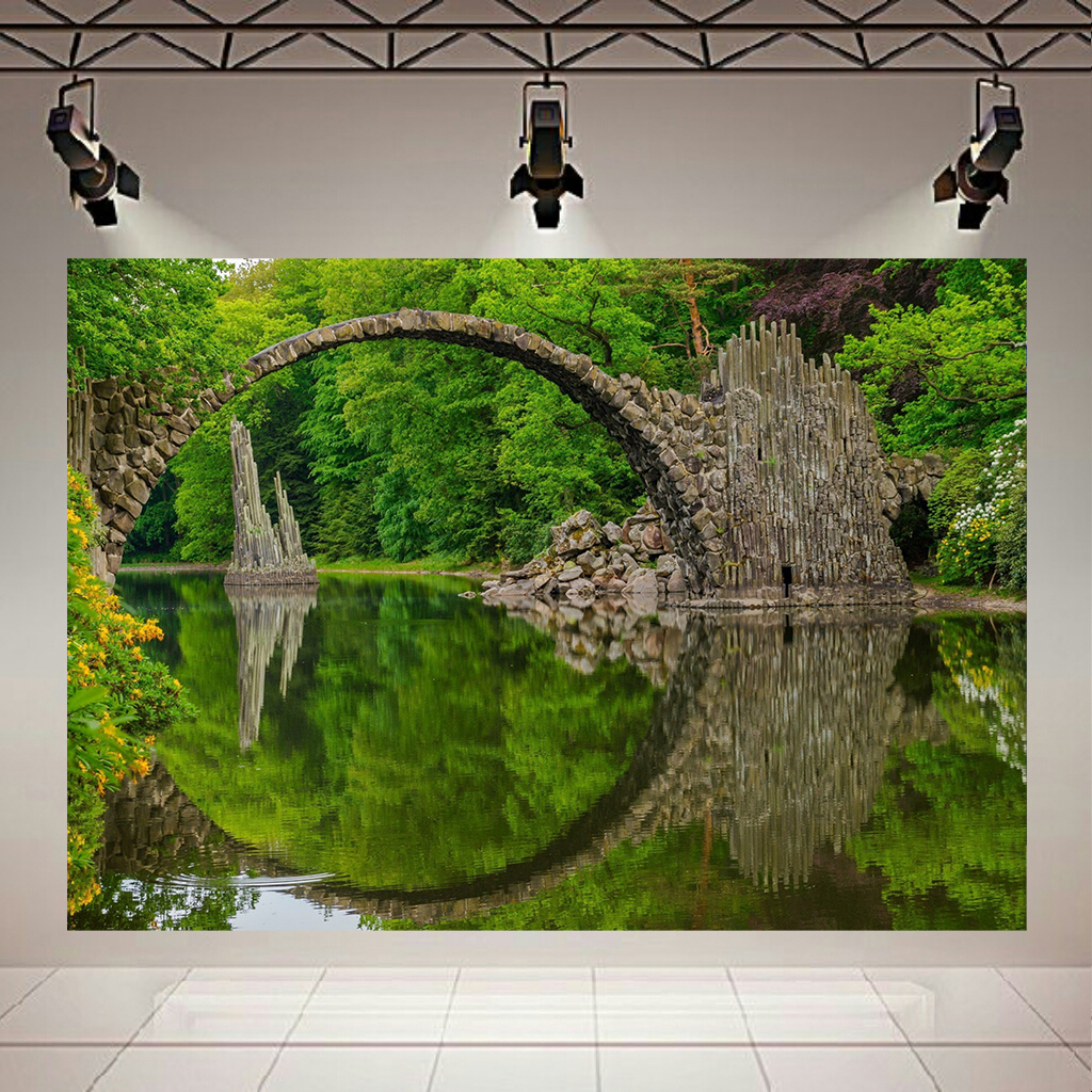 تابلو بوم طرح طبیعت مدل پل سنگی و رودخانه جنگلی کد AR2167