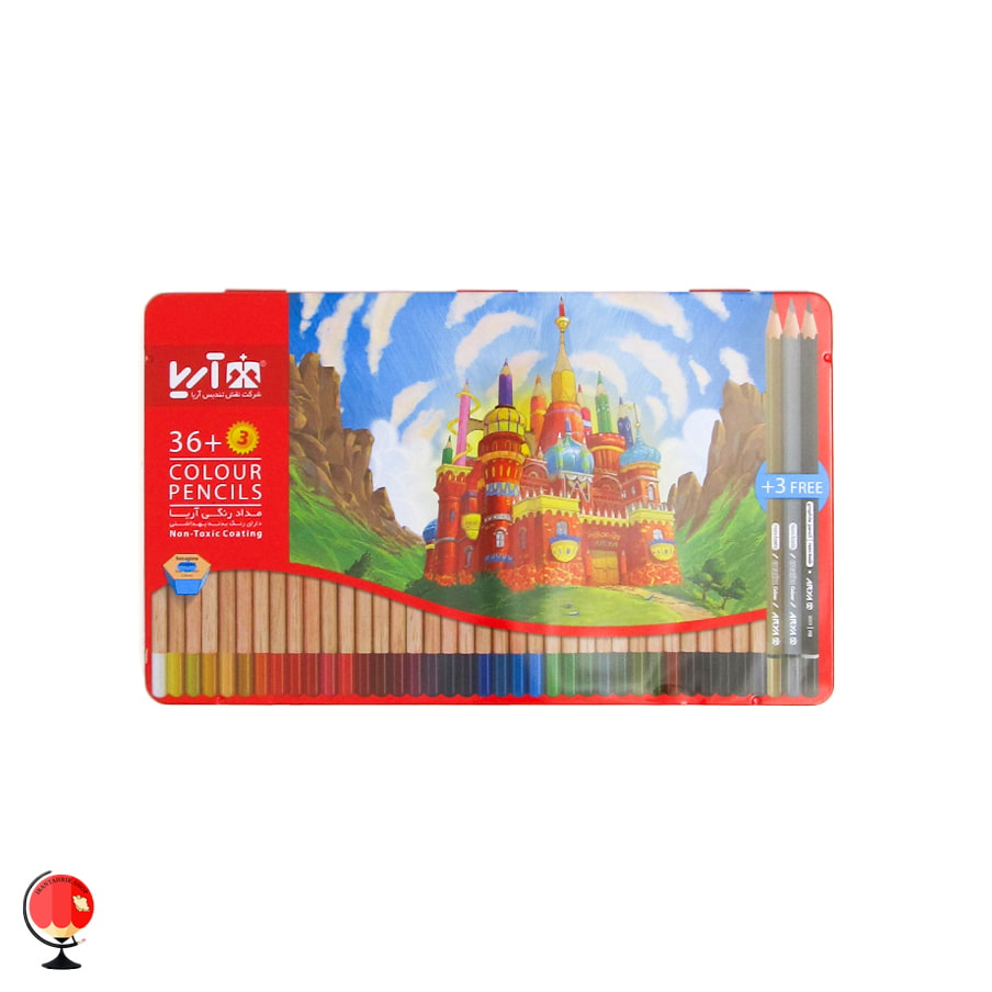 مداد رنگی 36 رنگ جعبه فلزی آریا طرح قلعه