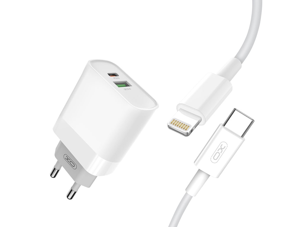 شارژر دیواری فست شارژ تایپ‌سی و یواس‎بی همراه کابل لایتنینگ ایکس‌او XO 18W FAST EU QC3.0 PD FAST charger with type-c fast cable iphon L64
