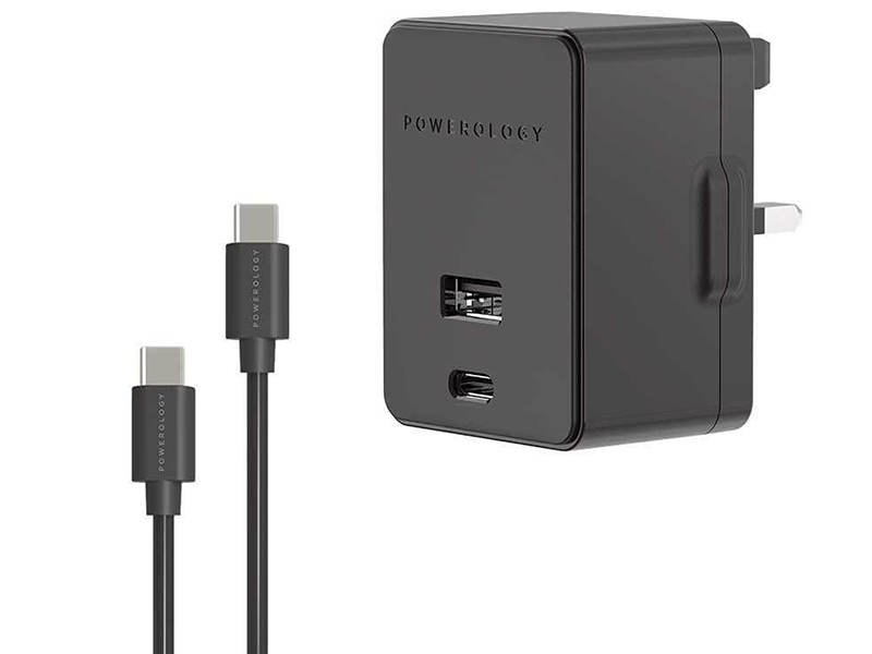 آداپتور شارژ سریع پاورولوژی مدل Ultra Quick PD Charger with Dual port بهمراه کابل شارژ تایپ سی
