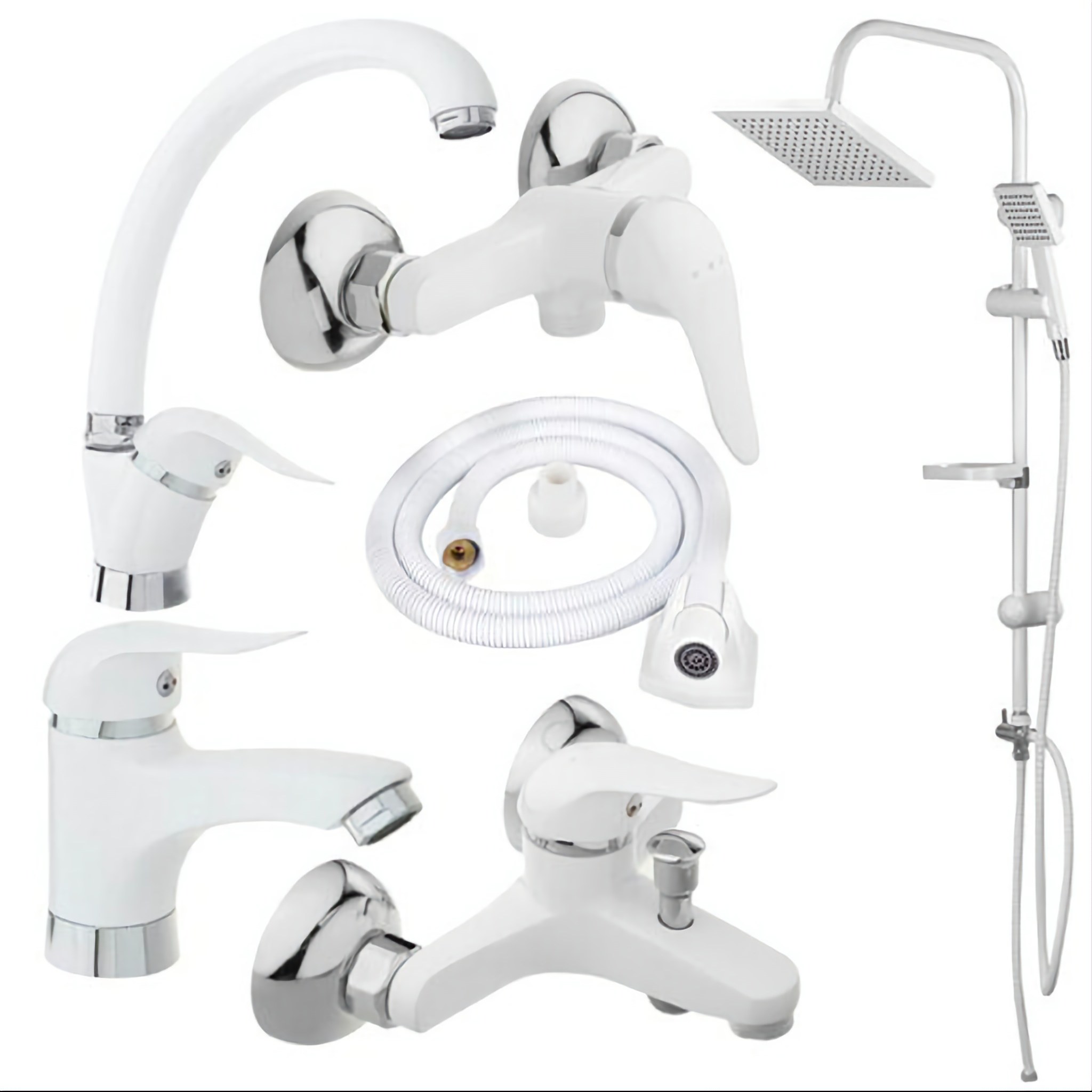 ست 6 تیکه شیرآلات سفید کروم همراه علم دوش دوکاره حمام و شلنگ توالت