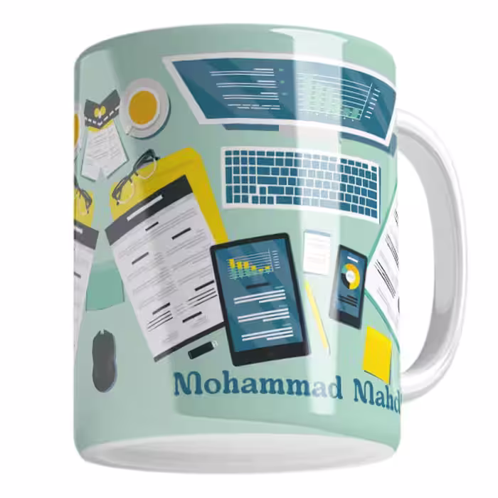 ماگ لاژید مدل اسم محمدمهدی طرح لپ تاپ و میز کار