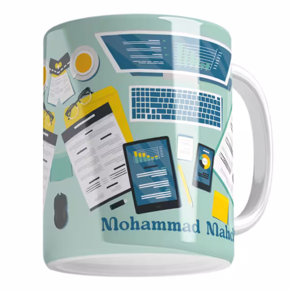 ماگ لاژید مدل اسم محمدمهدی طرح لپ تاپ و میز کار