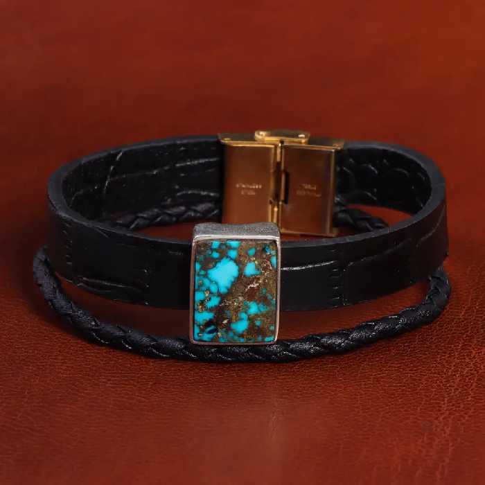 دستبند چرم فیروزه کد 20780 - جواهری مشاهیر