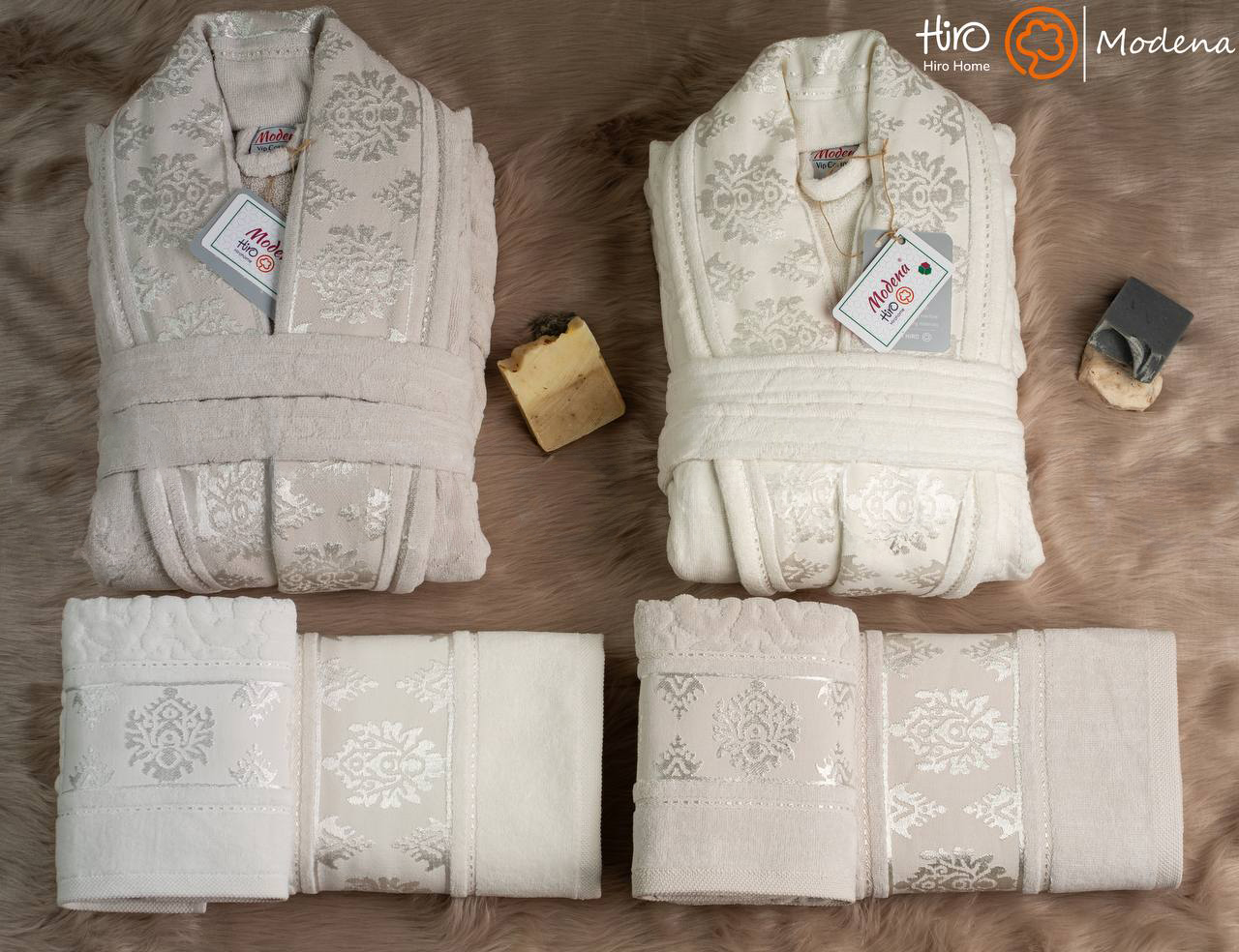 حوله ست دو نفره مودنا رنگ شیری و کرم