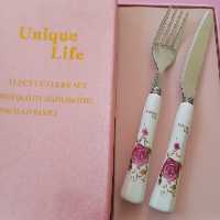 چاقو و چنگال سرامیکی12 عددی دسته سرامیکی مارک یونیک لایف صورتی6 عدد چنگال و6 عدد کارد 