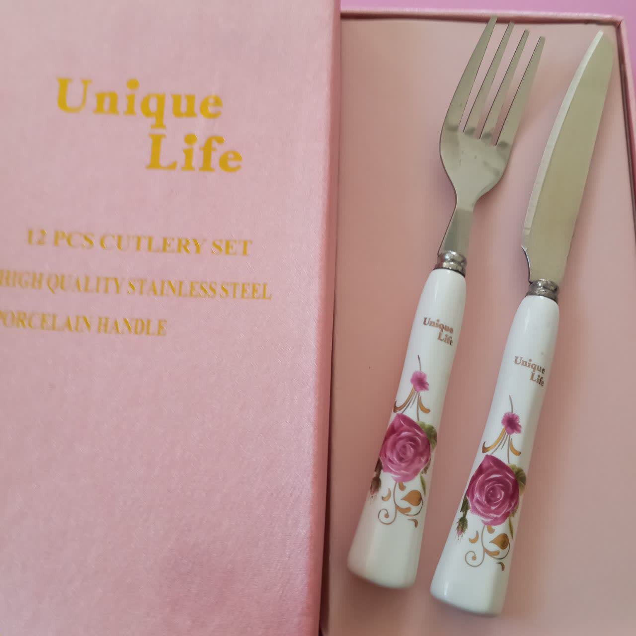 چاقو و چنگال سرامیکی12 عددی دسته سرامیکی مارک یونیک لایف صورتی6 عدد چنگال و6 عدد کارد 