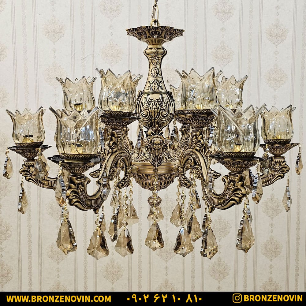 لوستر برنز مدل نیلوفر 6 شاخه 12 شعله آنتیک کد 6118