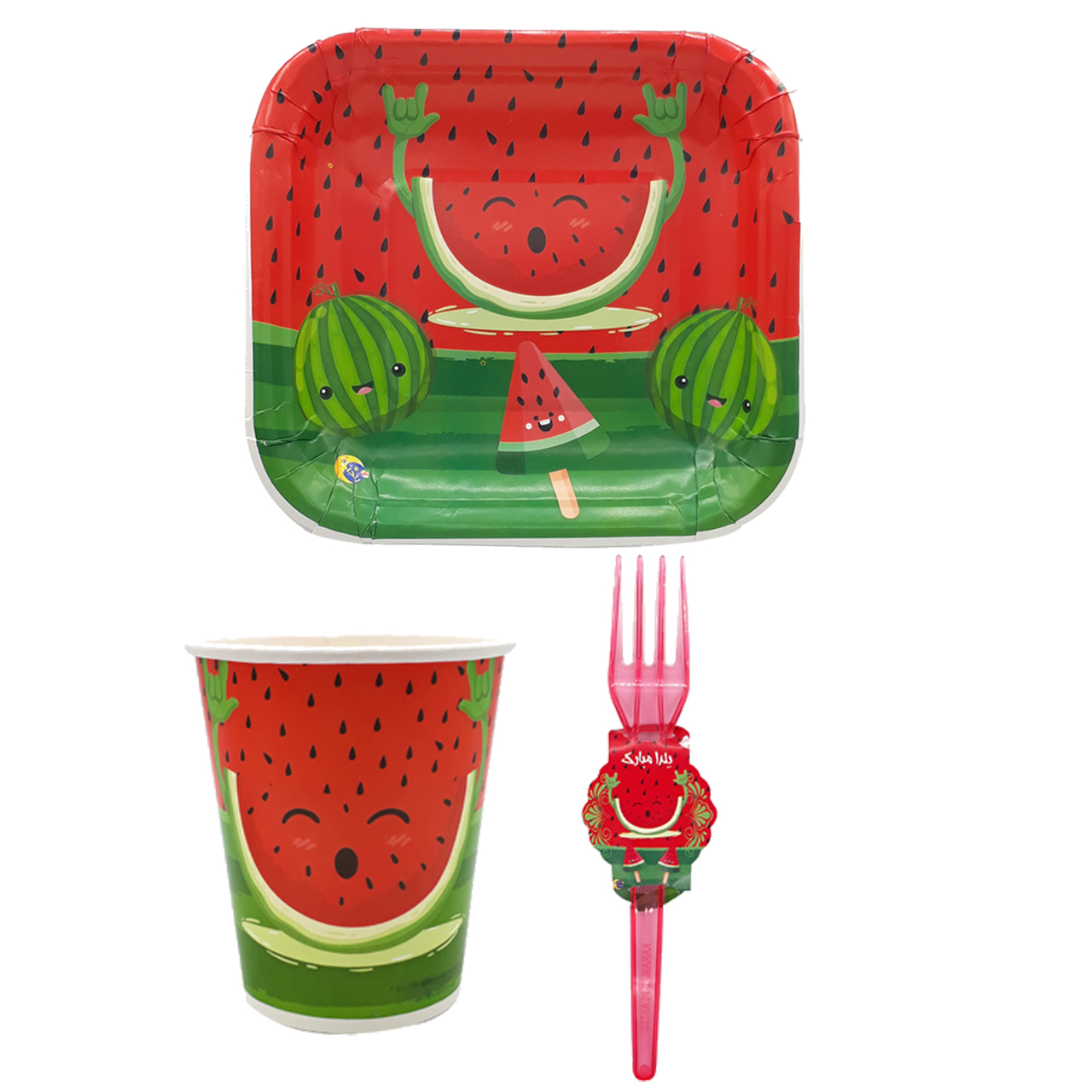 پیش دستی و لیوان و چنگال یکبار مصرف مدل یلدا کد mk547 مجموعه 60 عددی