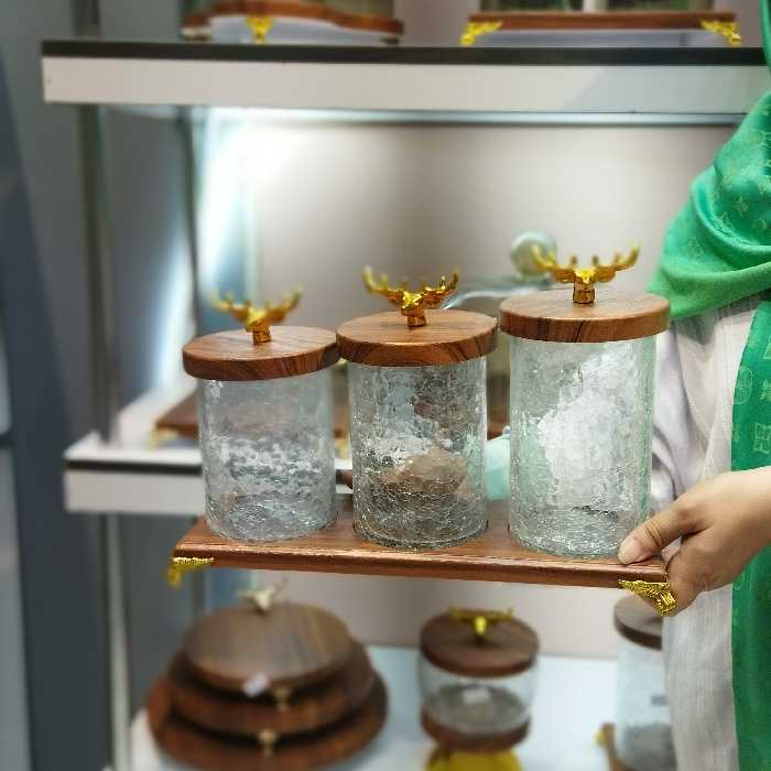 پاسماوری شیشه آبگز  سه سایز  بانکه شیشه ای سه تایی استند دار