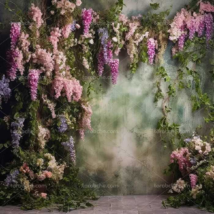 بک دراپ عکاسی گل بنفش با برگ | گرافیک با طعم تربچه