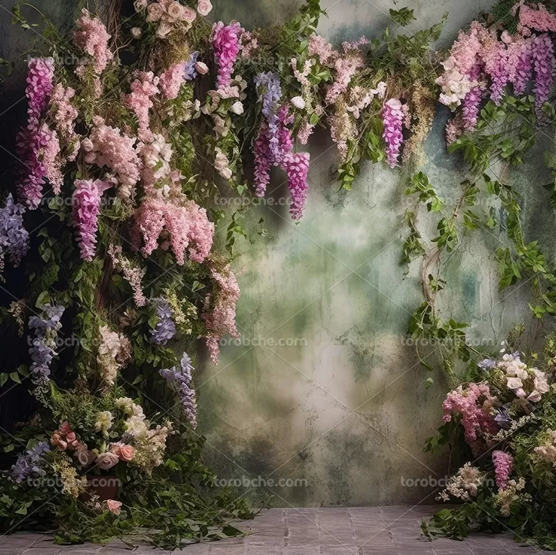 بک دراپ عکاسی گل بنفش با برگ | گرافیک با طعم تربچه