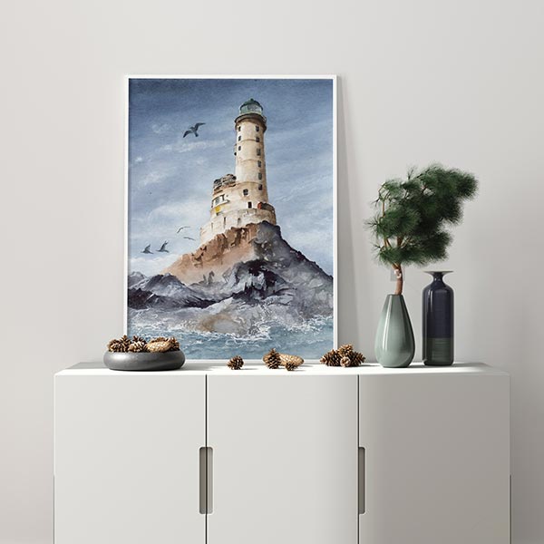 تابلو سالی وود طرح آبرنگ فانوس دریایی در اوج کد T140719