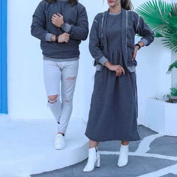 سه تیکه زوج اورال و کت زنانه و سویشرت مردانه جنس مخمل افکت دار درجه یک 