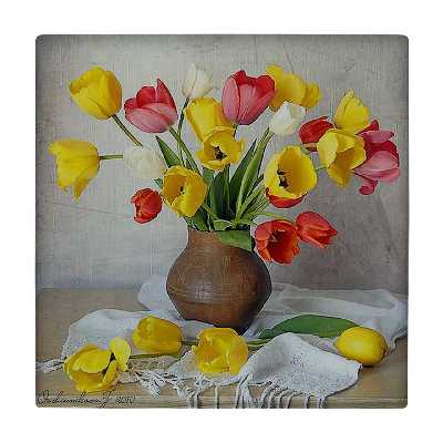 کاشی کارنیلا طرح نقاشی گلدان گل های لاله مدل لوحی کد klh755