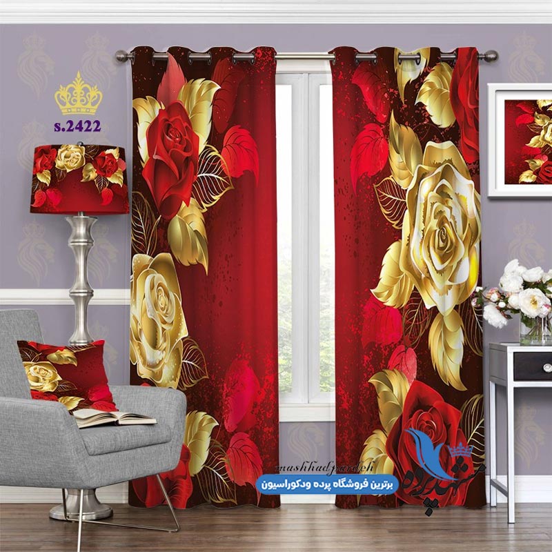 پرده پانچ گلدار طرح گلهای مصنوعی رُز کد s-2422