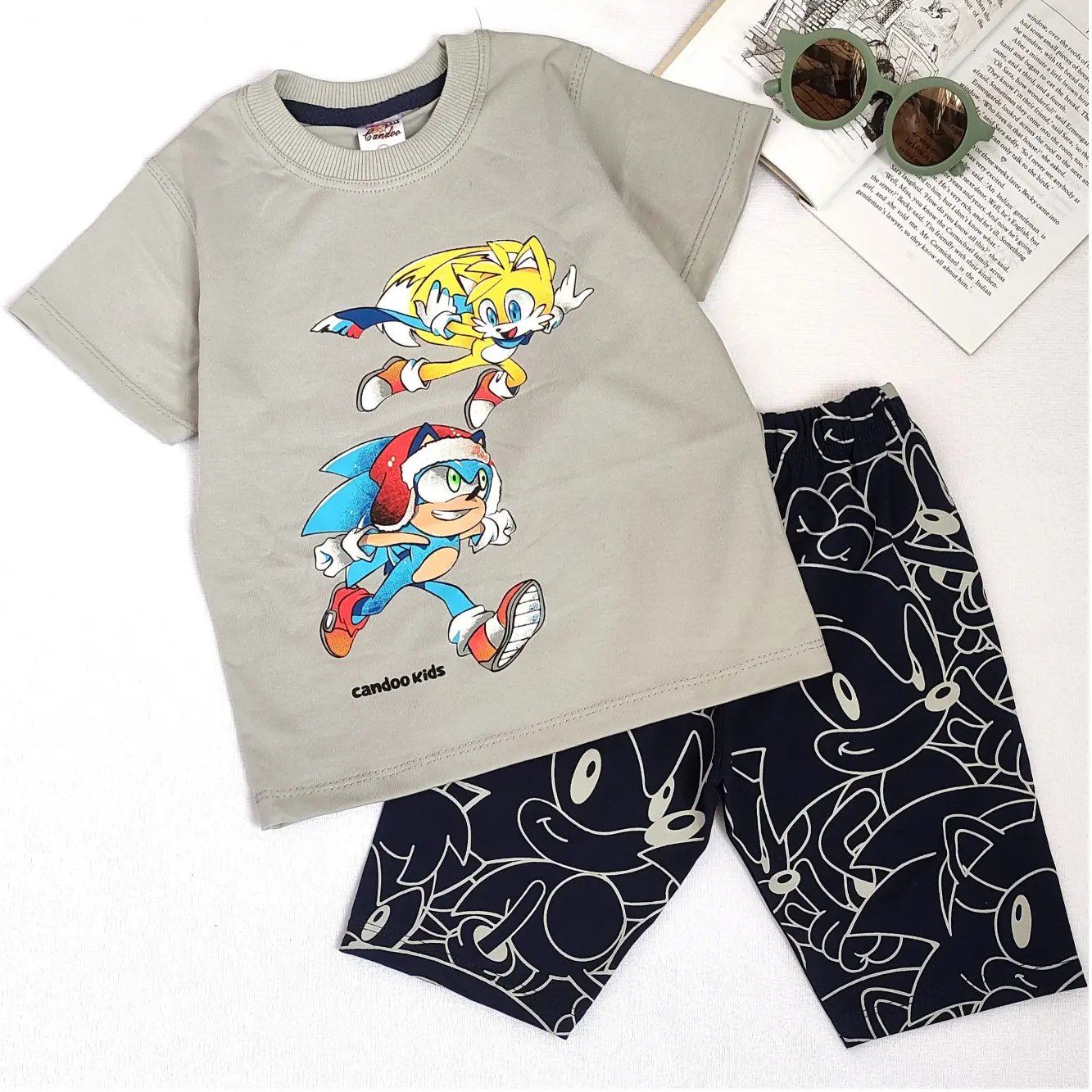 ست تیشرت و شلوارک پسرانه پنبه طرح سونیک رنگ طوسی سایز های 40 تا 55 ارسال رایگان