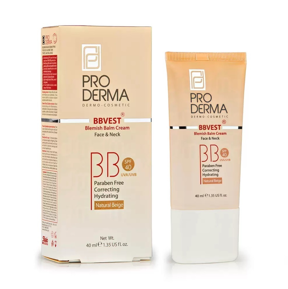 پرودرما کرم پوشاننده و مرطوب کننده رنگی بژ طبیعی پوست چرب و جوشدار 40 میل SPF40 BBVEST
