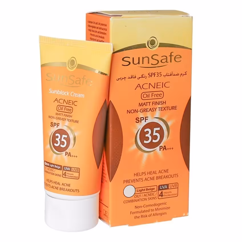 سان سیف کرم ضد آفتاب رنگی بژ روشن فاقد چربی 50 گرم spf35 Acneic