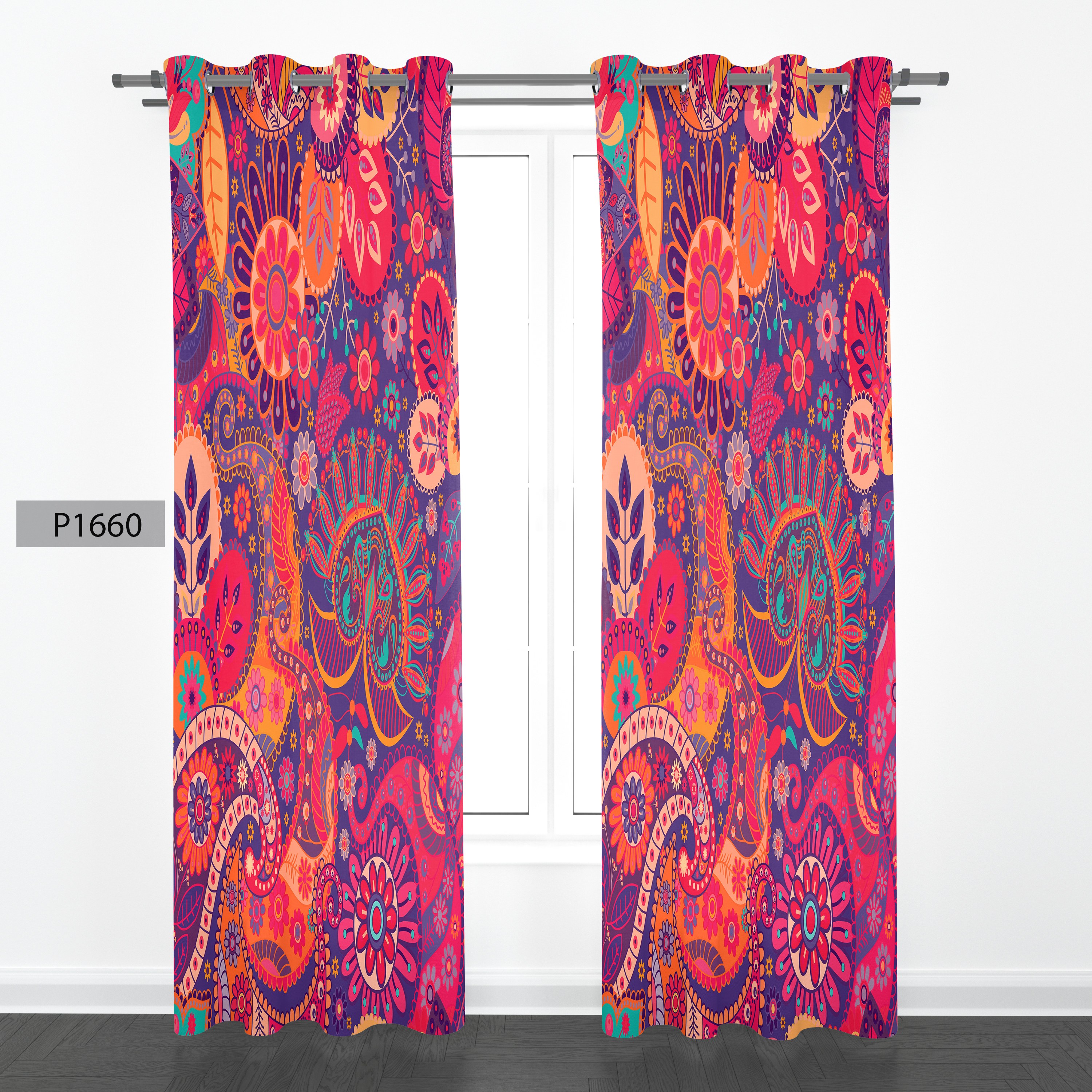 پرده هازان چاپی دوقواره دوخته شده پانچ شده هر قواره عرض 140ارتفاع 190 کد1660