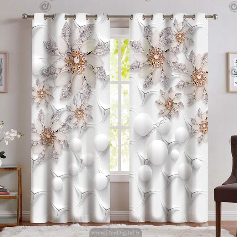 پرده پذیرایی شیک با طرح سه بعدی گل و مروارید PK-4738