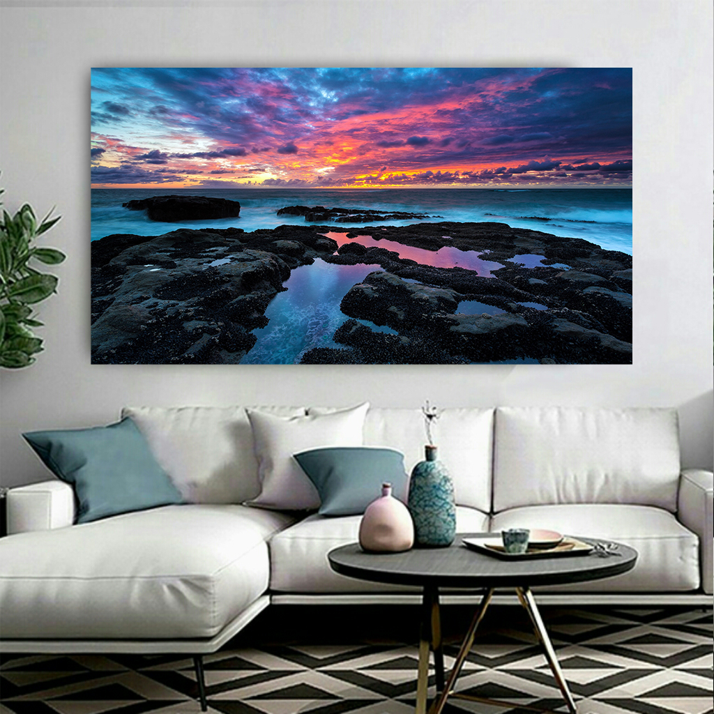 تابلو بوم طرح طبیعت مدل غروب و صخره های سنگی کد AR6560