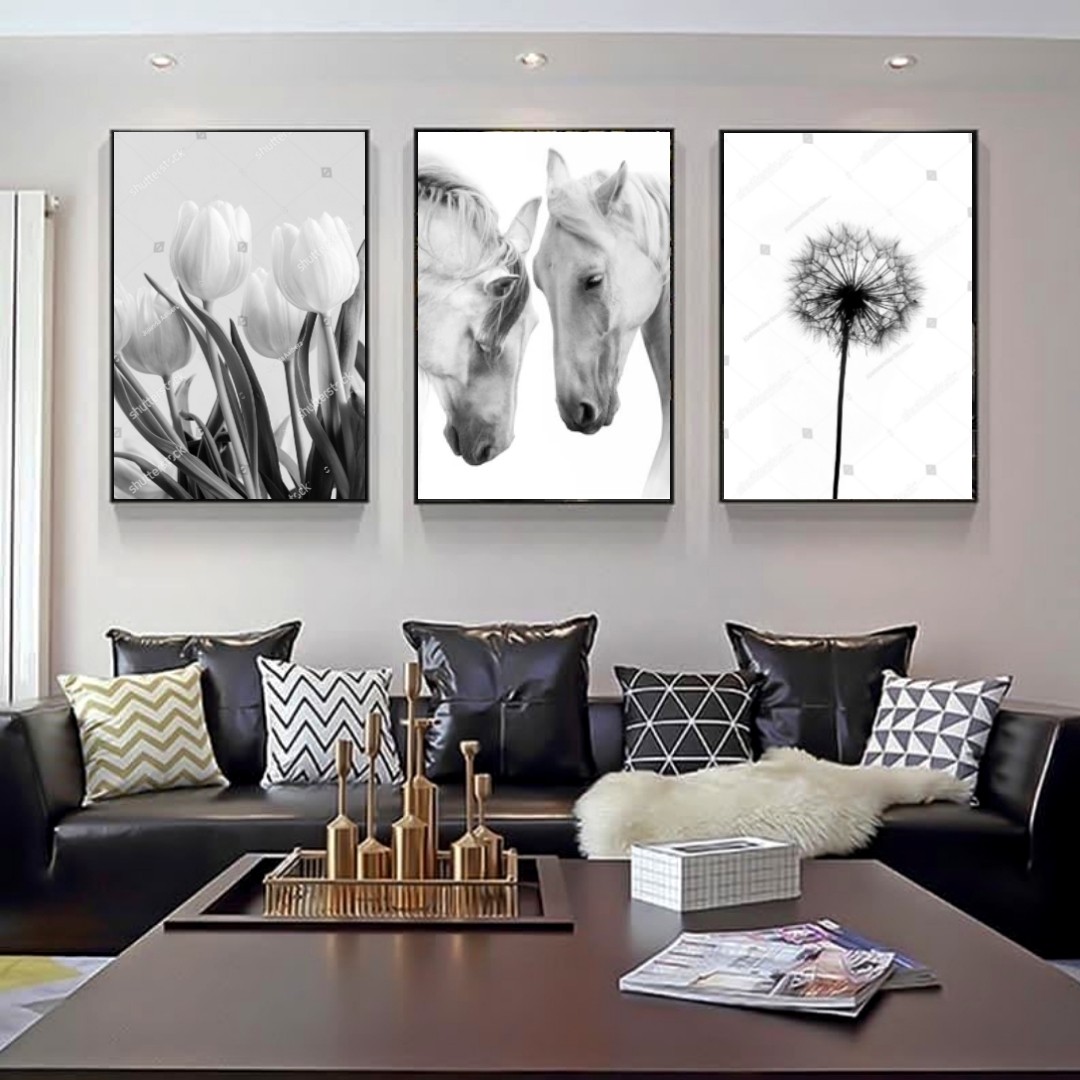تابلو دکوراتیو اسب وقاصدک سیا وسفید سه تکه 