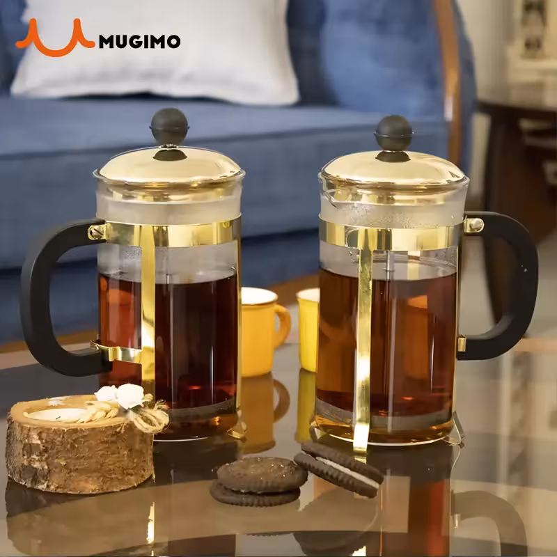 فرنچ پرس استیل طلایی پایه دار حجم 600 میلی لیتر