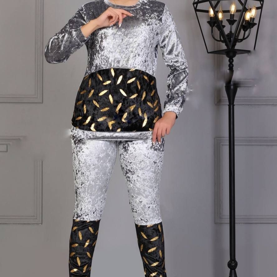ست بلوز شلوار مخمل زنانه طرح برگ
