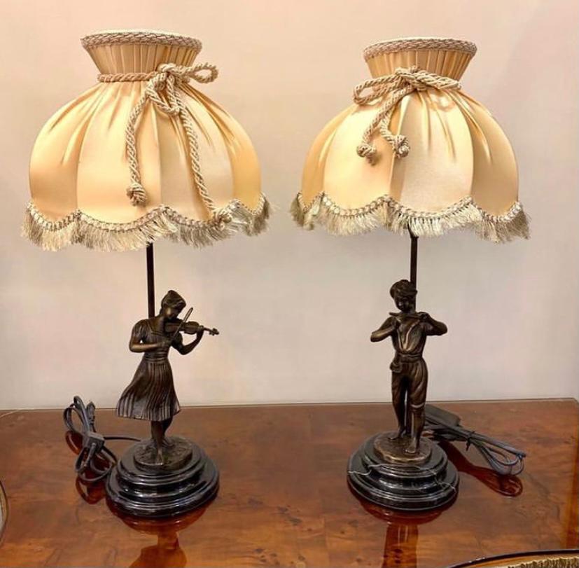 یک جفت آباژور مجسمه دار دختر و پسر برنزي