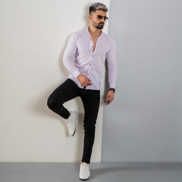 پیراهن راه راه سفید یاسی مردانه مدل HAMED