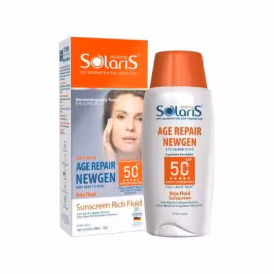 لوسیون ضد آفتاب بی‌رنگ آردن سولاریس، SPF 50، مدل Age Repair Newgen، مناسب انواع پوست با حجم 100 میلی لیتر، ضد آب و محافظت‌کننده در برابر اشعه‌های PA     ،UVA ،UVB، ضد پیری، دارای فرمولاسیون کلاژن، با ماندگاری 2 ساعته