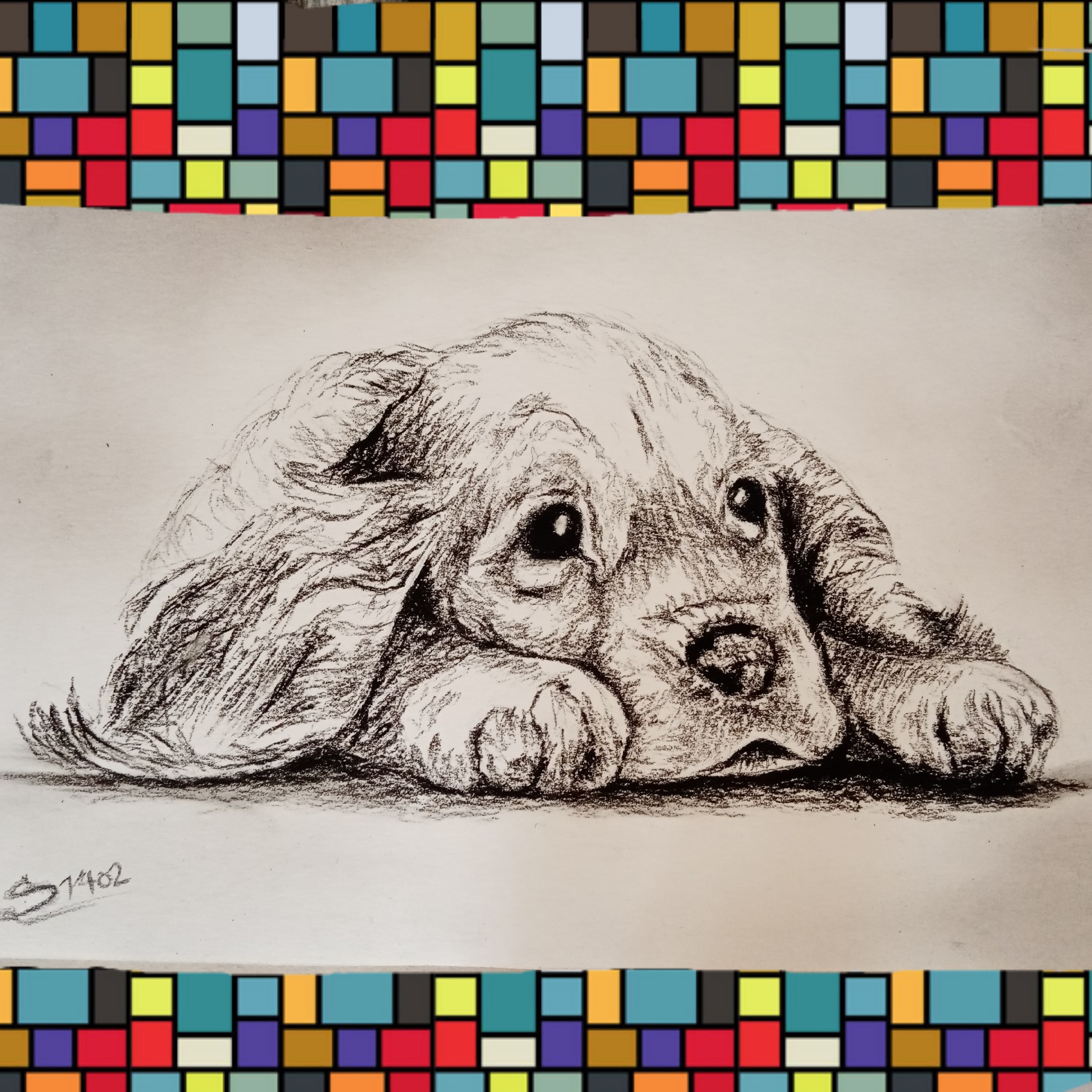 نقاشی سیاه قلم سگ با قاب