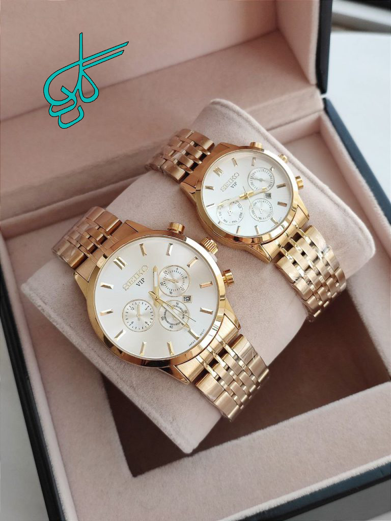 خرید ست ساعت مردانه و زنانه سیکو موتور ژاپن طرح سه موتوره رنگ ثابت دوقفله تقویم دار کد 2115609 - ردگل