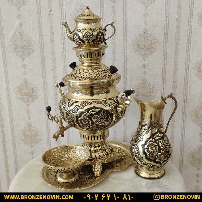 سماور برنجی زغالی 6 لیتری گل و مرغ قلم دست با سرویس کد 1208